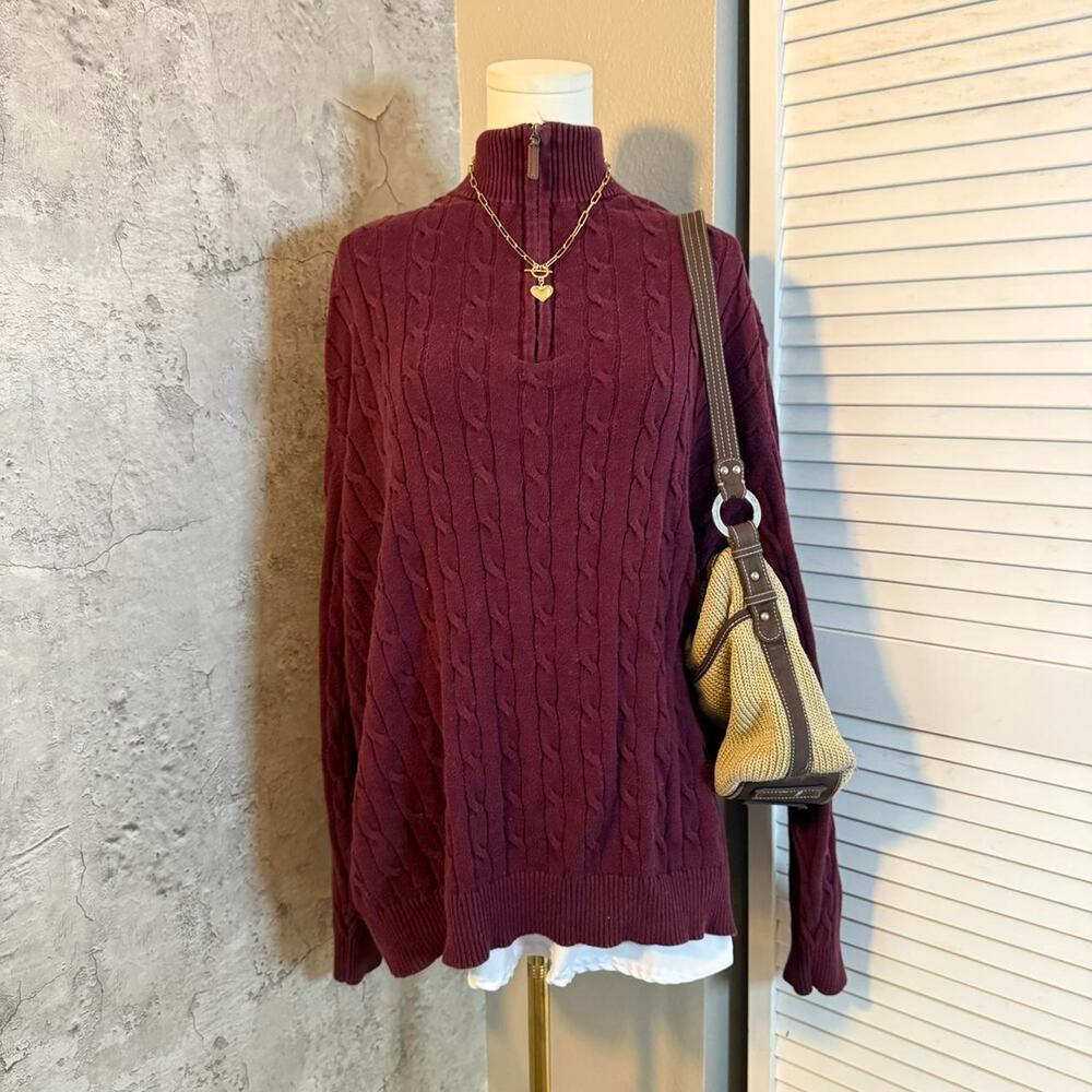 Burgundy Club Room Cable Knit Quarter Zip Crewneck